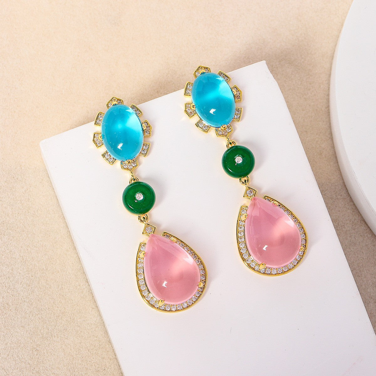 New fashion earrings, oval teardrop-shaped full diamond color matching earrings, summer sweet and fresh long temperament earrings