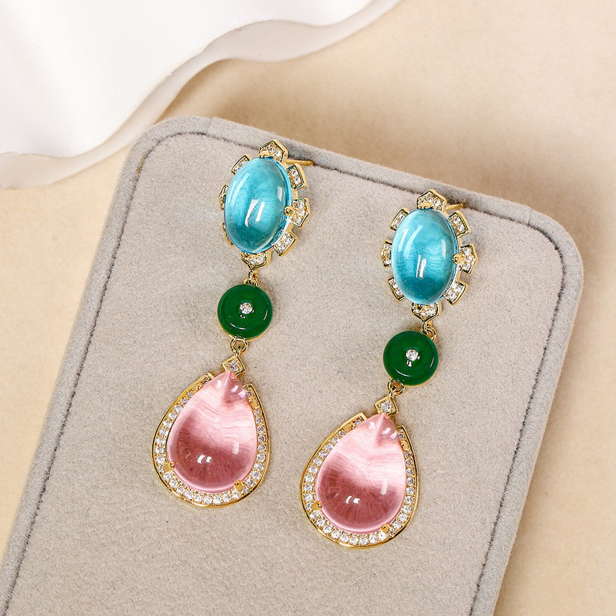 New fashion earrings, oval teardrop-shaped full diamond color matching earrings, summer sweet and fresh long temperament earrings