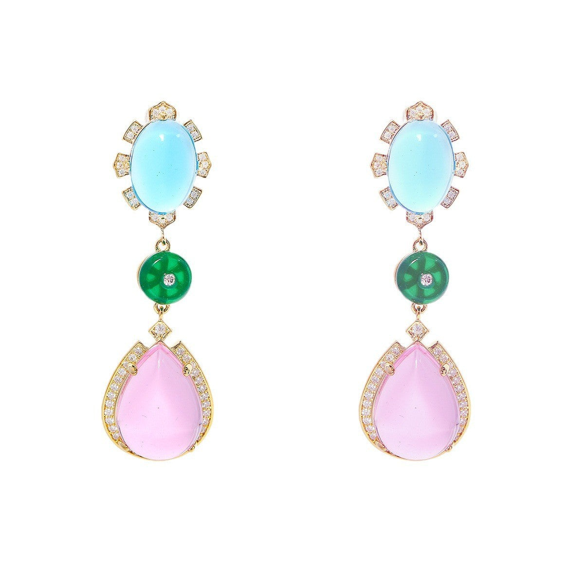 New fashion earrings, oval teardrop-shaped full diamond color matching earrings, summer sweet and fresh long temperament earrings