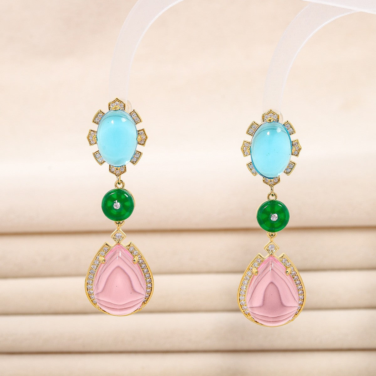 New fashion earrings, oval teardrop-shaped full diamond color matching earrings, summer sweet and fresh long temperament earrings