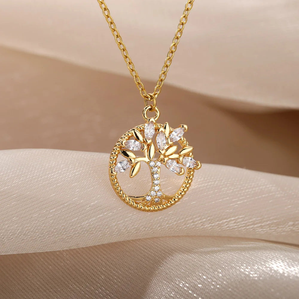 Tree of Life Pendant Necklace For Women Stainless Steel Gold  Color Zircon Necklaces Boho Crystal Aesthetic Jewerly colar