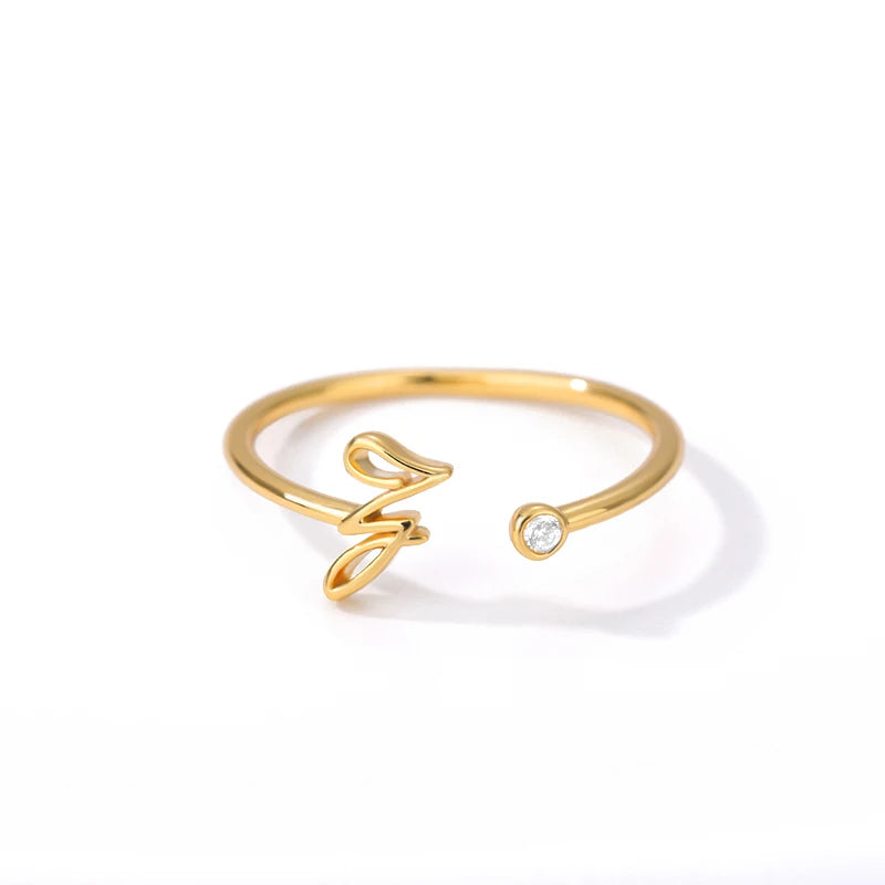 Gold Color Letter Ring Stainless Steel A-Z Openable Rings for Women Girls Crystal Initial Ring Wedding Band Jewelry Gift