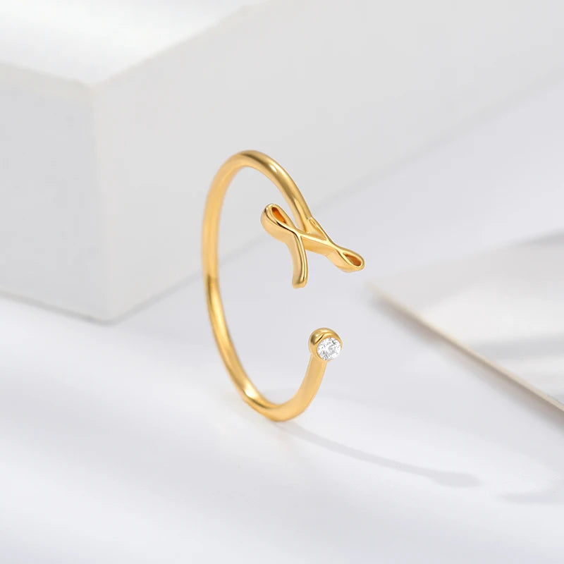 Gold Color Letter Ring Stainless Steel A-Z Openable Rings for Women Girls Crystal Initial Ring Wedding Band Jewelry Gift