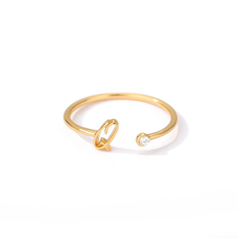 Gold Color Letter Ring Stainless Steel A-Z Openable Rings for Women Girls Crystal Initial Ring Wedding Band Jewelry Gift