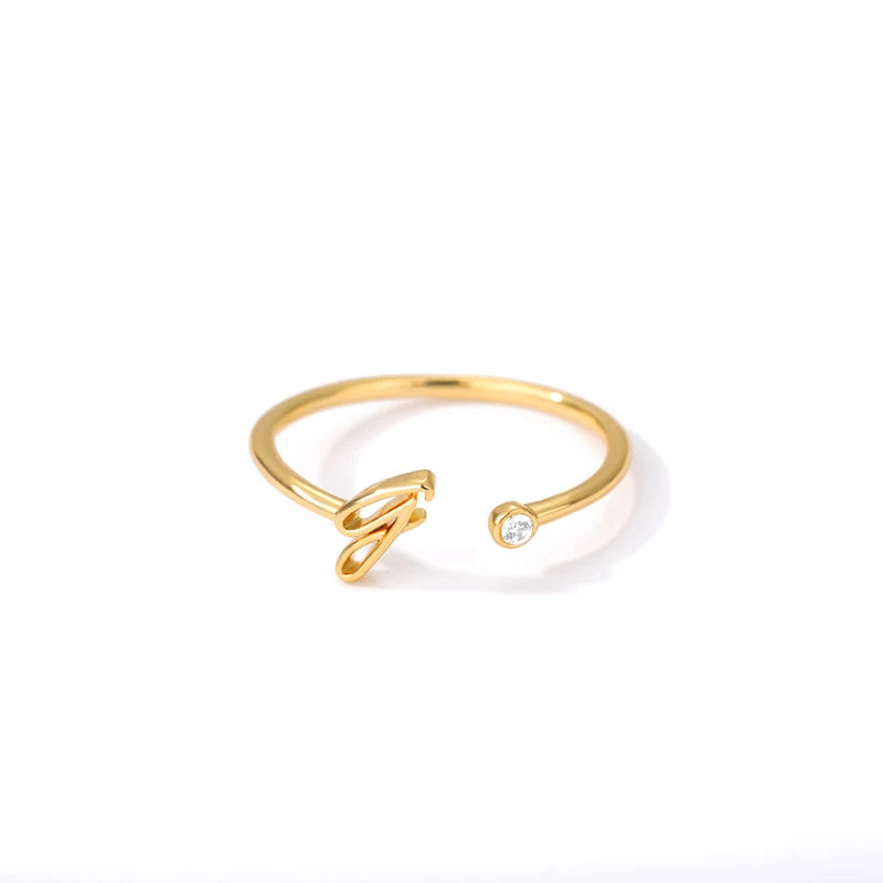 Gold Color Letter Ring Stainless Steel A-Z Openable Rings for Women Girls Crystal Initial Ring Wedding Band Jewelry Gift