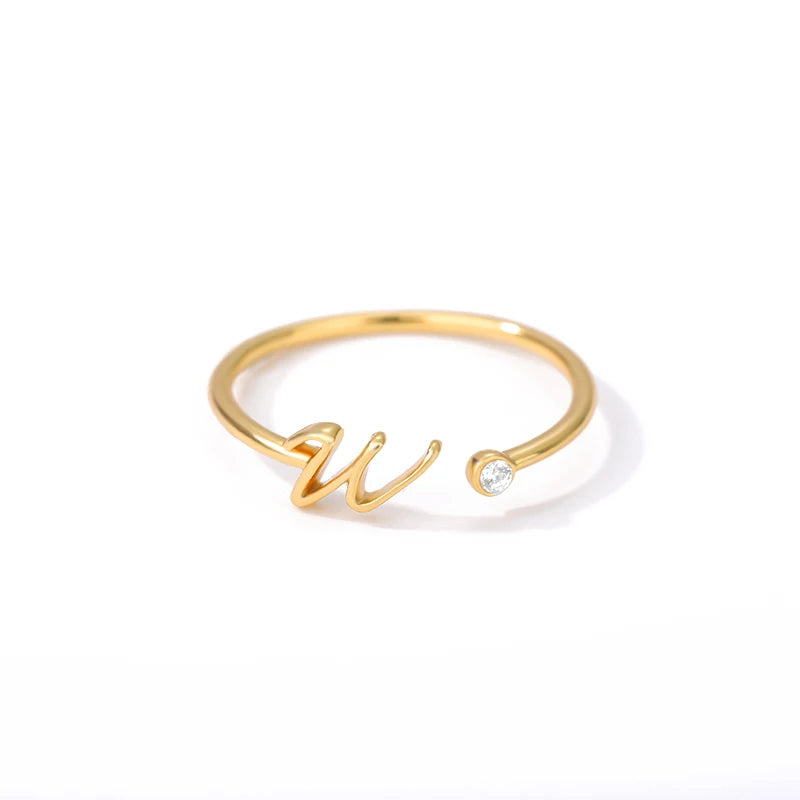 Gold Color Letter Ring Stainless Steel A-Z Openable Rings for Women Girls Crystal Initial Ring Wedding Band Jewelry Gift