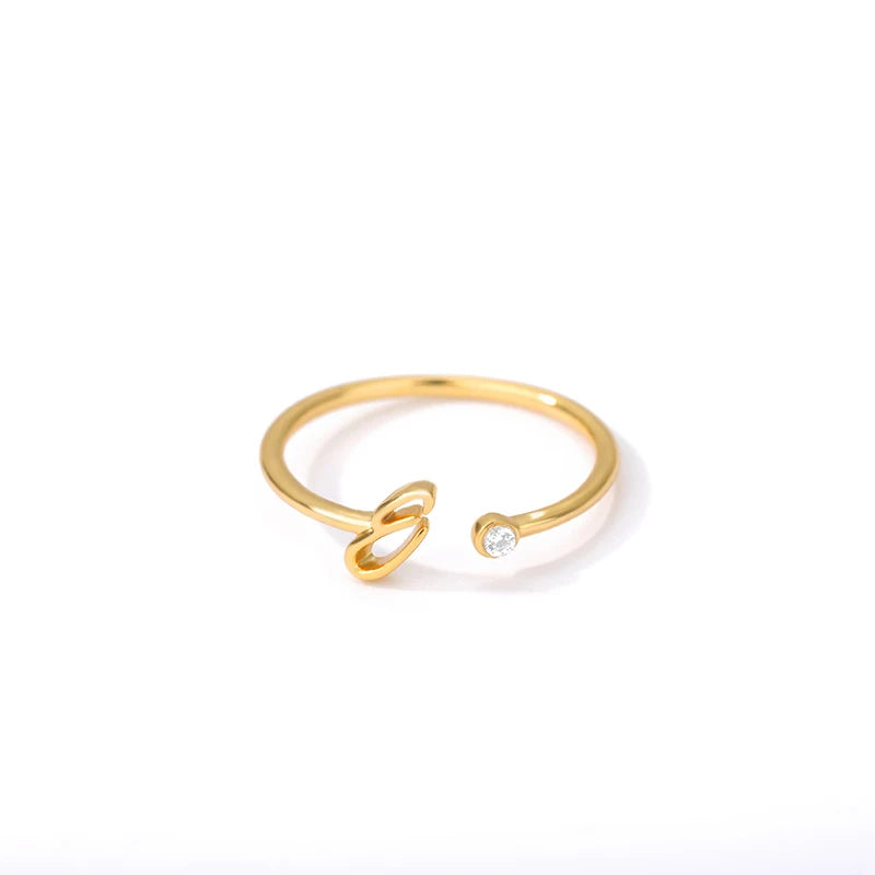 Gold Color Letter Ring Stainless Steel A-Z Openable Rings for Women Girls Crystal Initial Ring Wedding Band Jewelry Gift