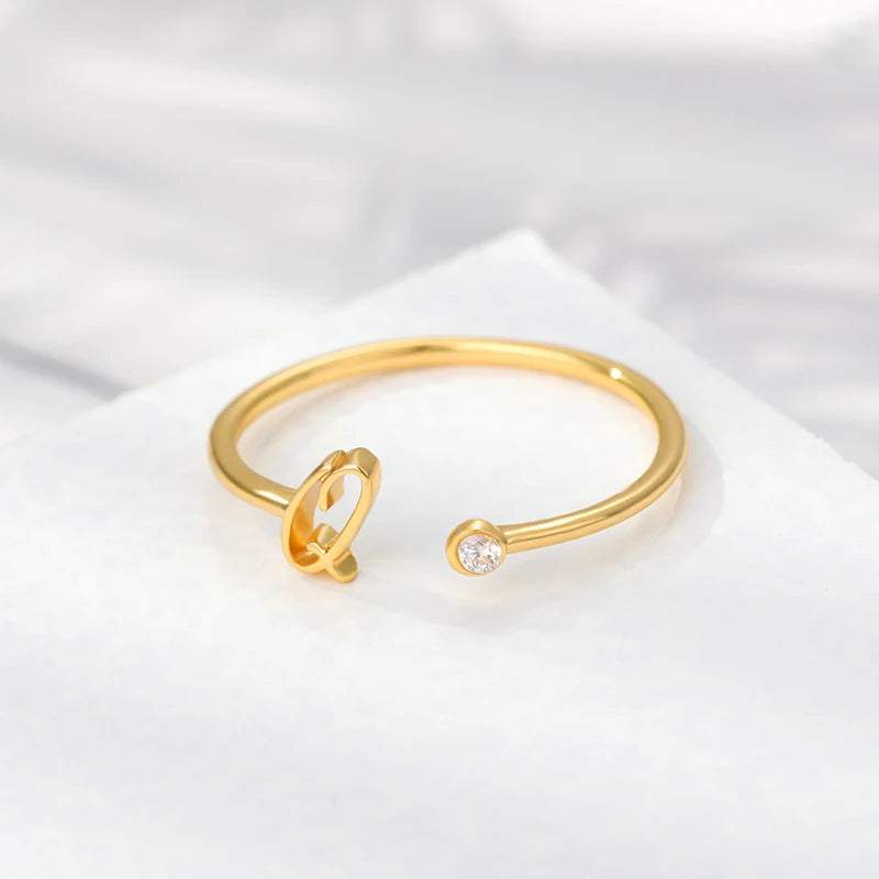 Gold Color Letter Ring Stainless Steel A-Z Openable Rings for Women Girls Crystal Initial Ring Wedding Band Jewelry Gift