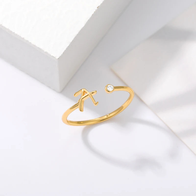 Gold Color Letter Ring Stainless Steel A-Z Openable Rings for Women Girls Crystal Initial Ring Wedding Band Jewelry Gift