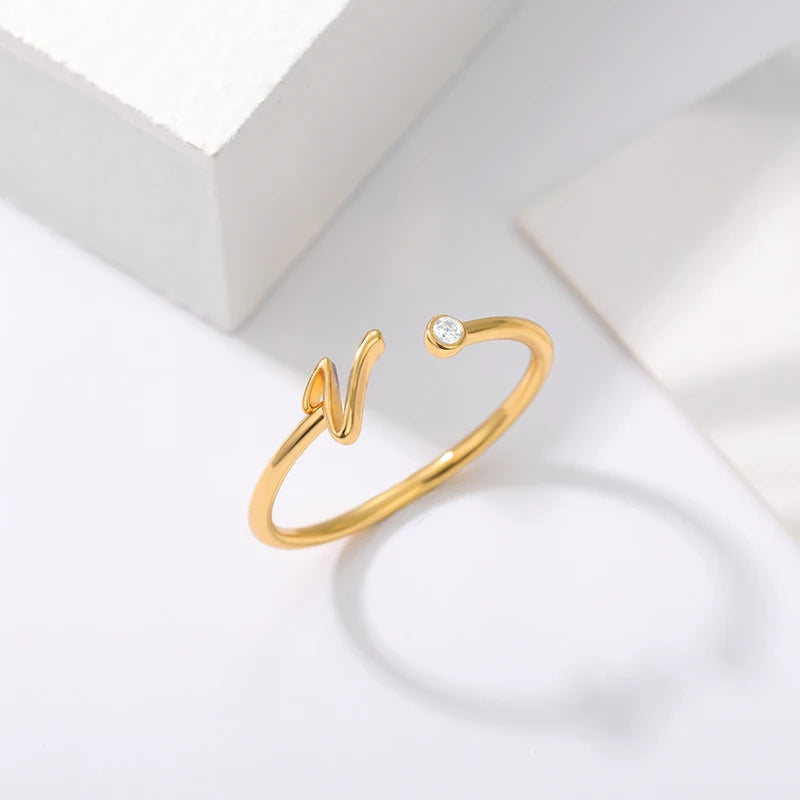 Gold Color Letter Ring Stainless Steel A-Z Openable Rings for Women Girls Crystal Initial Ring Wedding Band Jewelry Gift