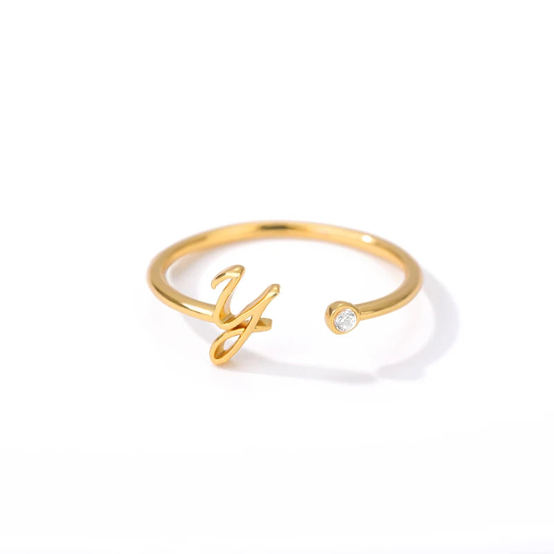 Gold Color Letter Ring Stainless Steel A-Z Openable Rings for Women Girls Crystal Initial Ring Wedding Band Jewelry Gift