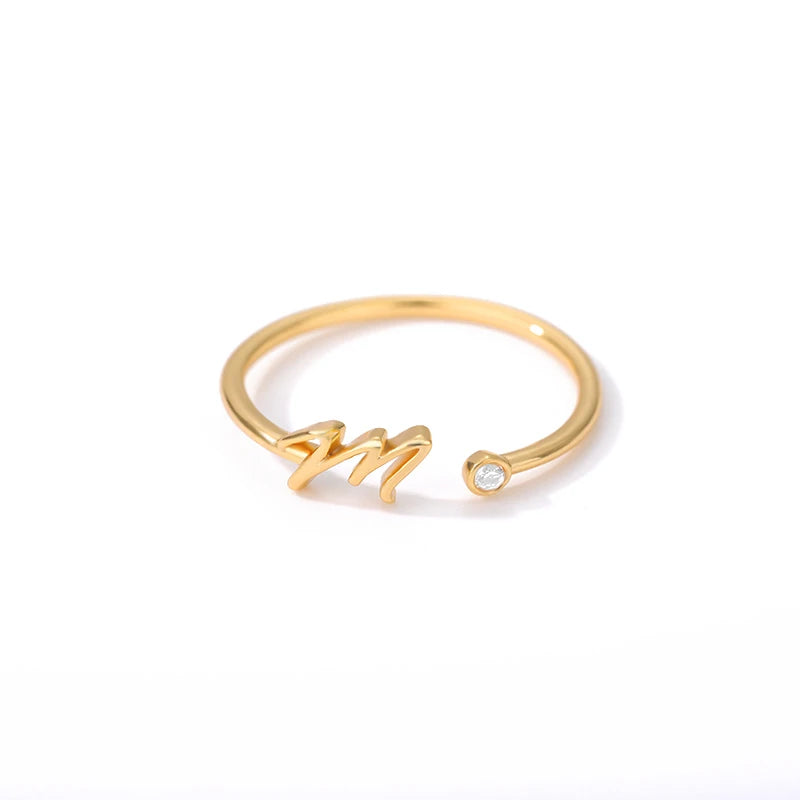 Gold Color Letter Ring Stainless Steel A-Z Openable Rings for Women Girls Crystal Initial Ring Wedding Band Jewelry Gift