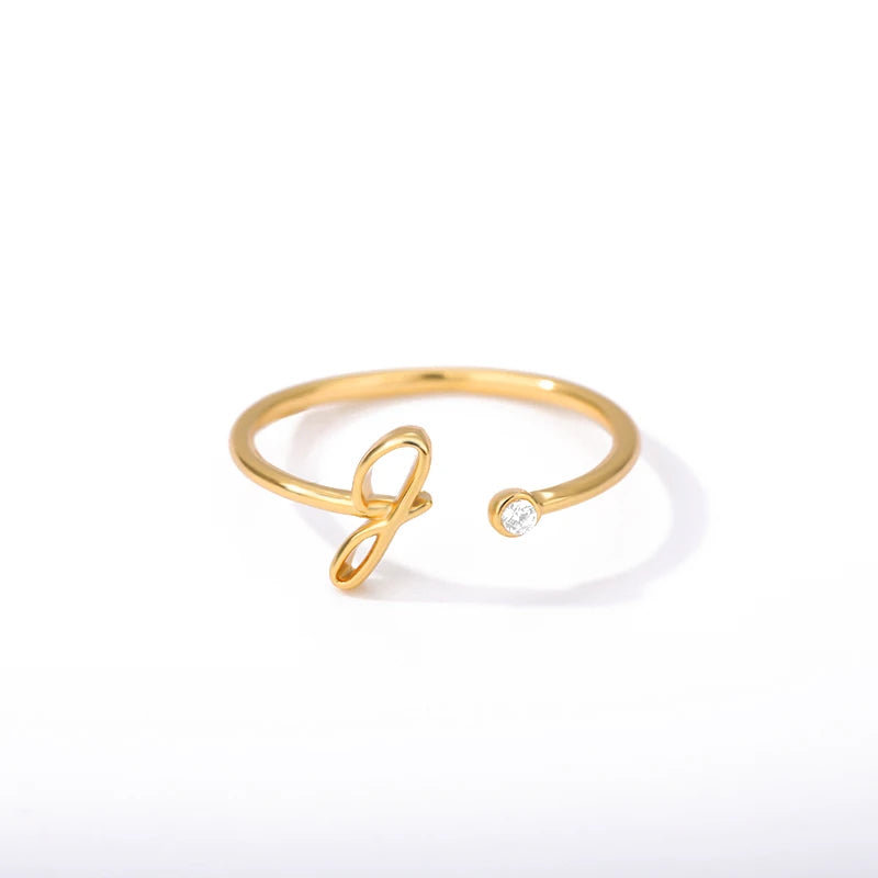 Gold Color Letter Ring Stainless Steel A-Z Openable Rings for Women Girls Crystal Initial Ring Wedding Band Jewelry Gift