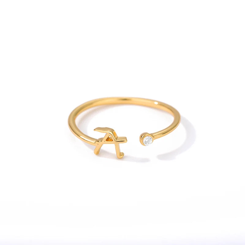 Gold Color Letter Ring Stainless Steel A-Z Openable Rings for Women Girls Crystal Initial Ring Wedding Band Jewelry Gift