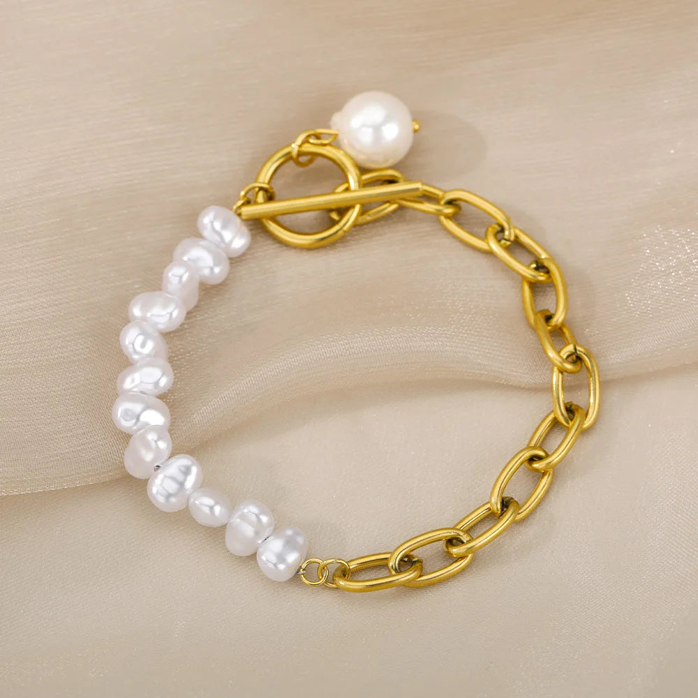 Baroque Irregular Natural Pearl Bracelet for Women Stainless Steel Imitation Pearls Bracelets Bride Couple Jewelry pulseras