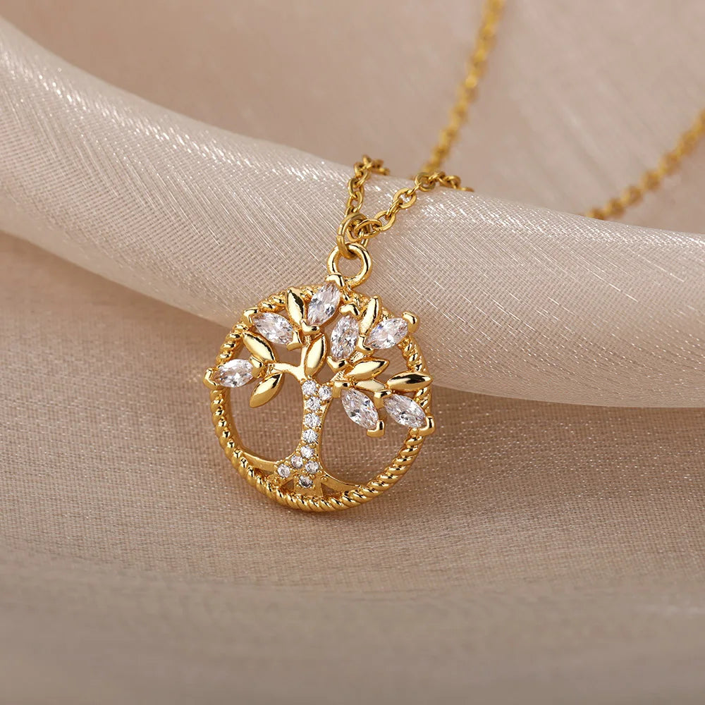 Tree of Life Pendant Necklace For Women Stainless Steel Gold  Color Zircon Necklaces Boho Crystal Aesthetic Jewerly colar