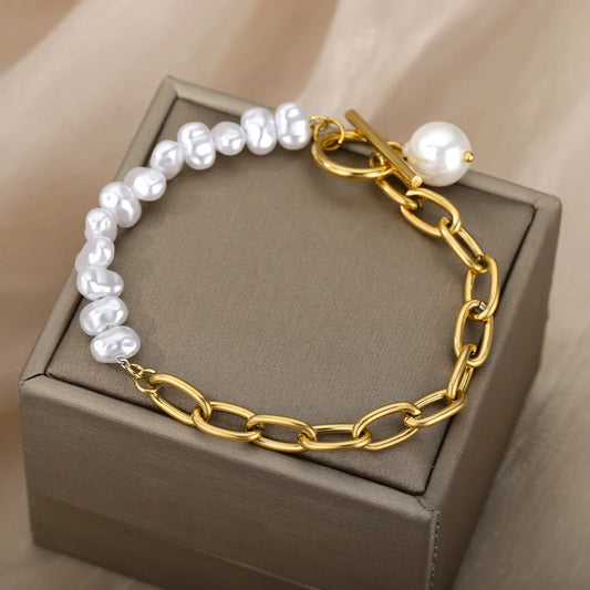 Baroque Irregular Natural Pearl Bracelet for Women Stainless Steel Imitation Pearls Bracelets Bride Couple Jewelry pulseras