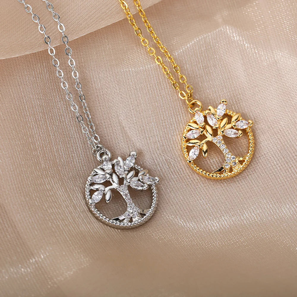 Tree of Life Pendant Necklace For Women Stainless Steel Gold  Color Zircon Necklaces Boho Crystal Aesthetic Jewerly colar