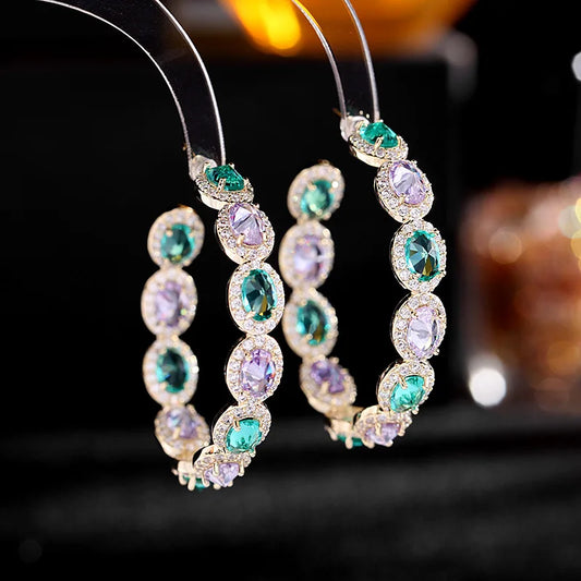 Bilincolor Trendy Green and Purple Cubic Zircon Circle Earrings for Women