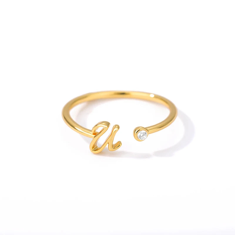 Gold Color Letter Ring Stainless Steel A-Z Openable Rings for Women Girls Crystal Initial Ring Wedding Band Jewelry Gift