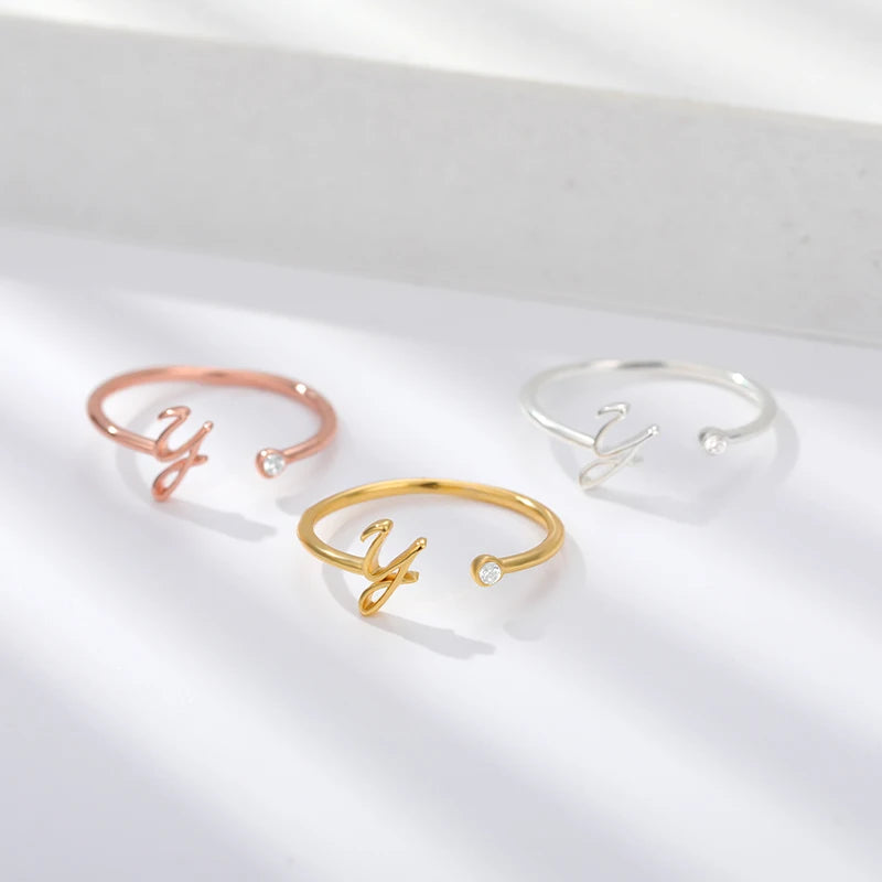 Gold Color Letter Ring Stainless Steel A-Z Openable Rings for Women Girls Crystal Initial Ring Wedding Band Jewelry Gift