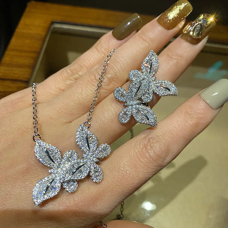 Bilincolor Luxurious Premium Two Butterfly Necklace  and Ring Set for Women