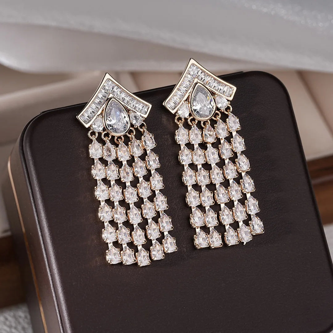 Bilincolor Droplet Shaped Zircon Tassel Earrings For Women