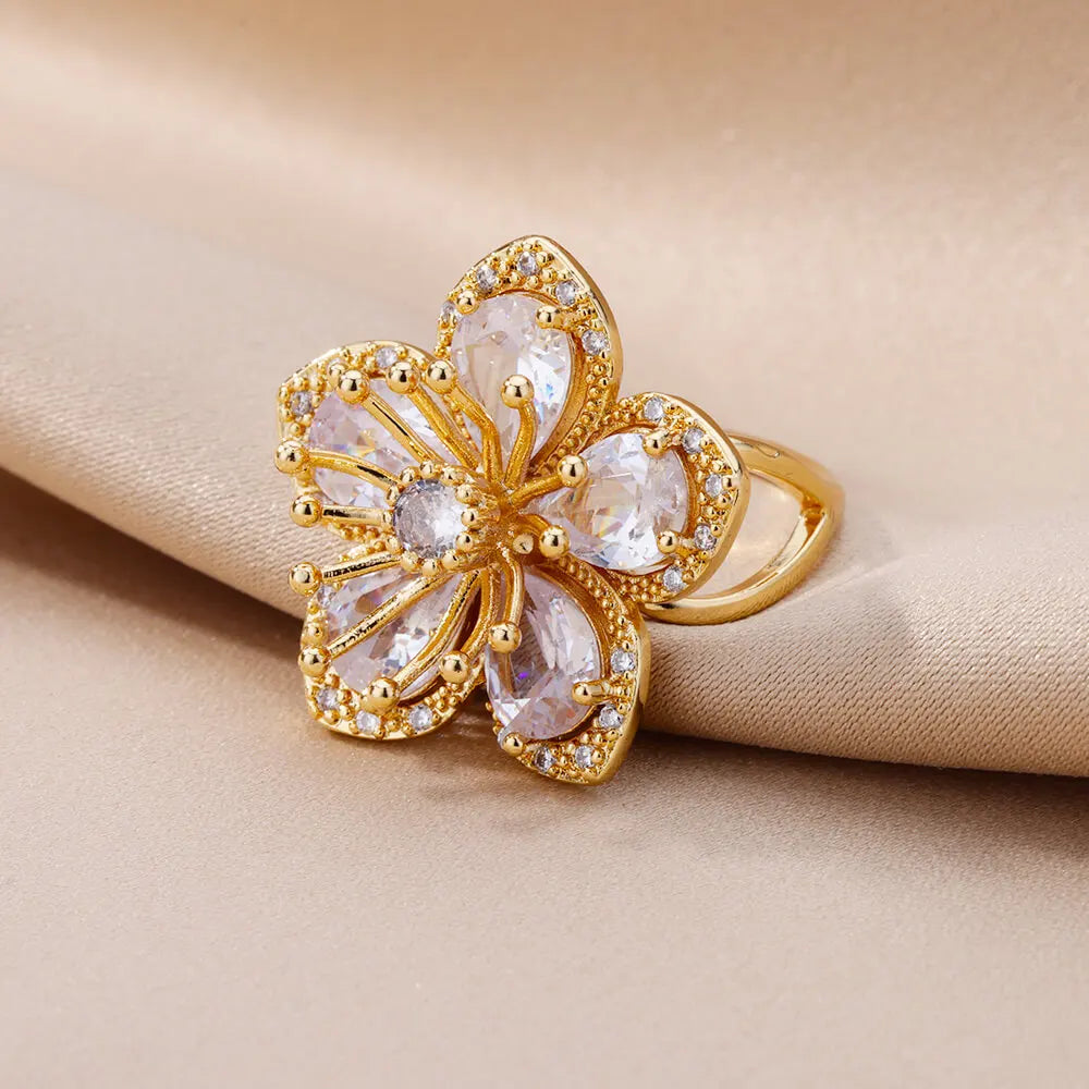 Pink Zircon Flower Rings for Women Gold Color Stainless Steel Ring 2024 Trend Elegant Floral Luxury Aesthetic Jewelry anillos