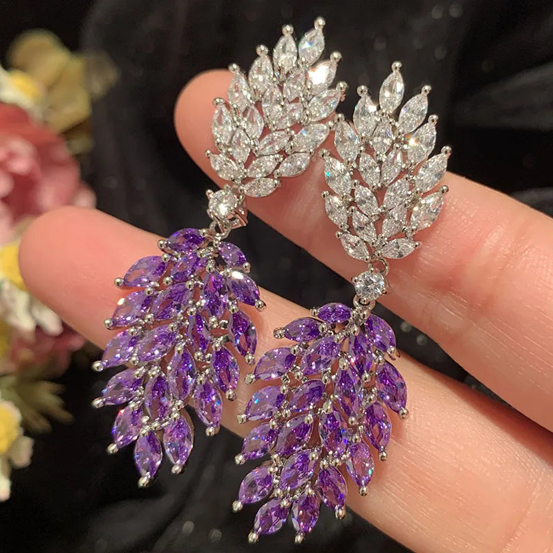 Bilincolor Purple Zircon Leaf Earrings  for Women