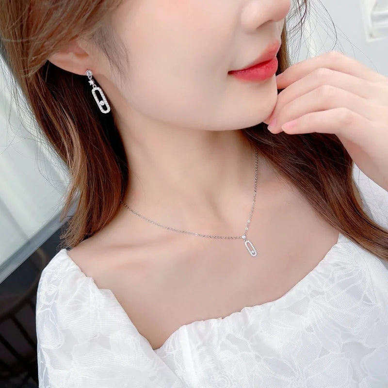 Bilincolor Korean Version Fresh Zircon Inlaid Earrings Collarbone Chain Jewelry Set for Gift