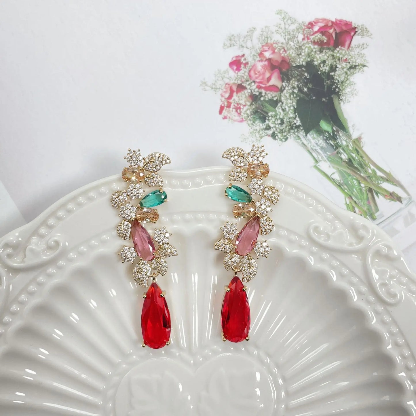 Bilincolor Drop-shaped Color Zircon Flower Earrings For Women