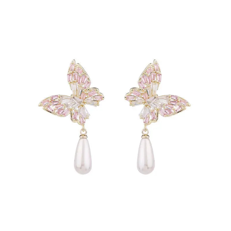 Bilincolor Simple Temperament Zircon Butterfly Pearl    Water Drop Earrings for Wedding or Party