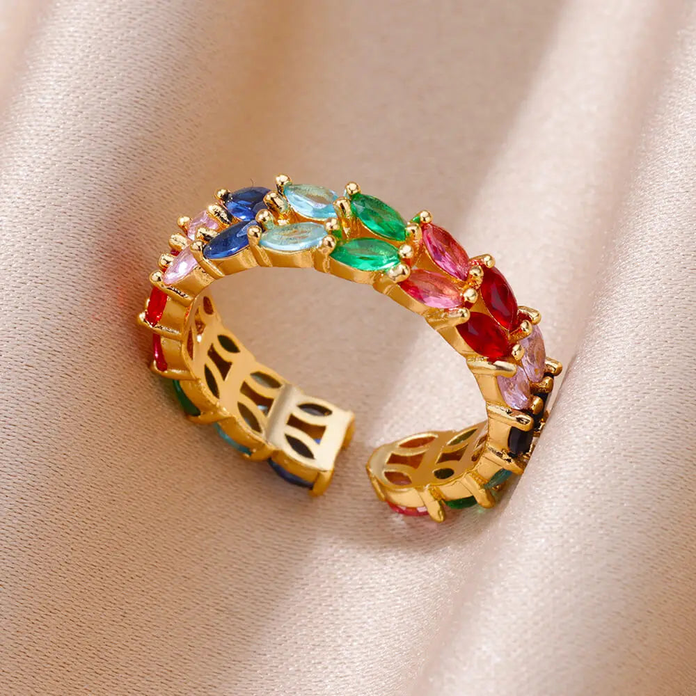 Ears of Wheat Rings for Women Colored Zircon Adjustable Stainless Steel Ring 2024 Trend New in Wedding Jewelry anillos mujer