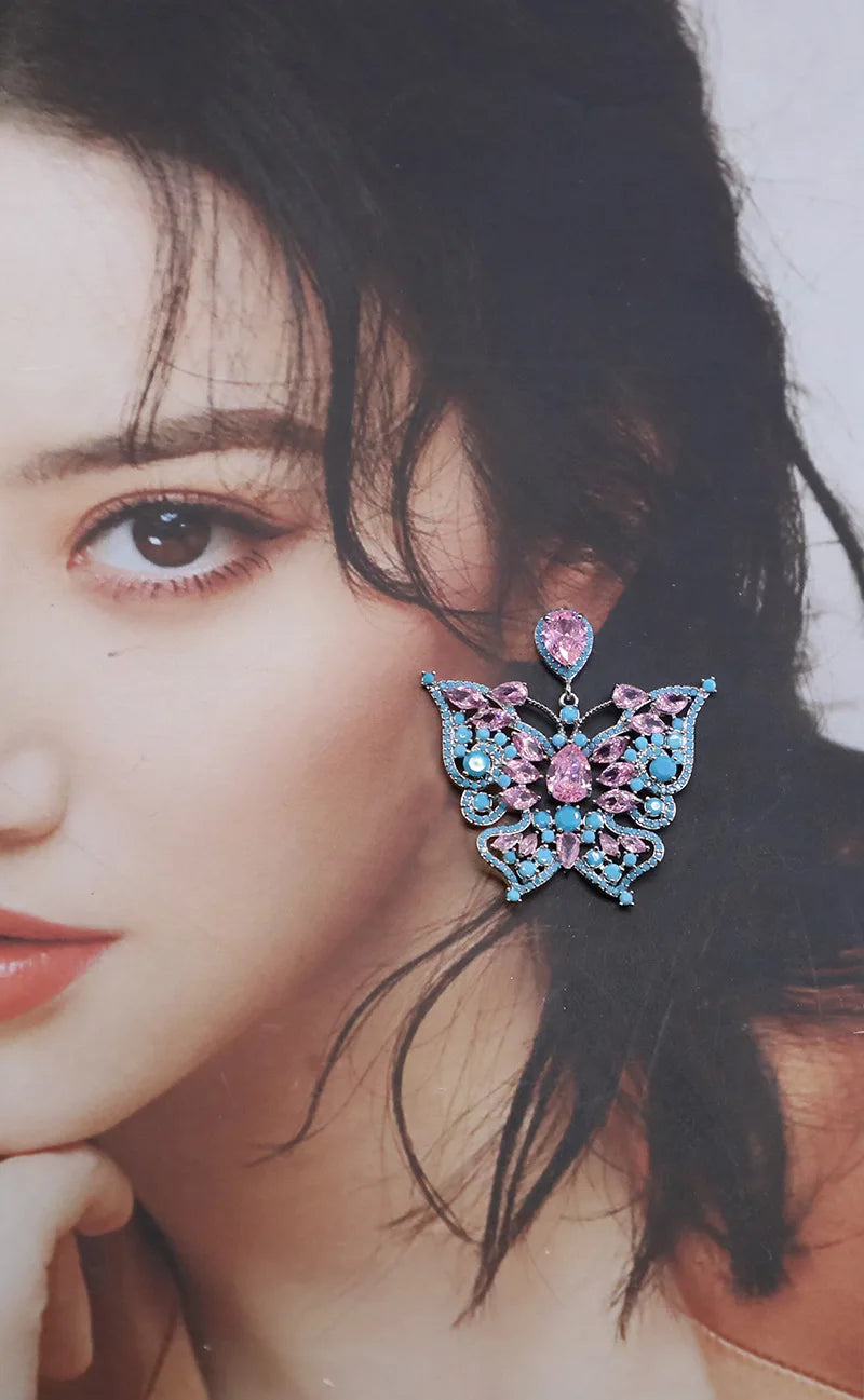 Bilincolor Micro Inlaid Zirconia Hollow Butterfly Water Drop Earrings For Women