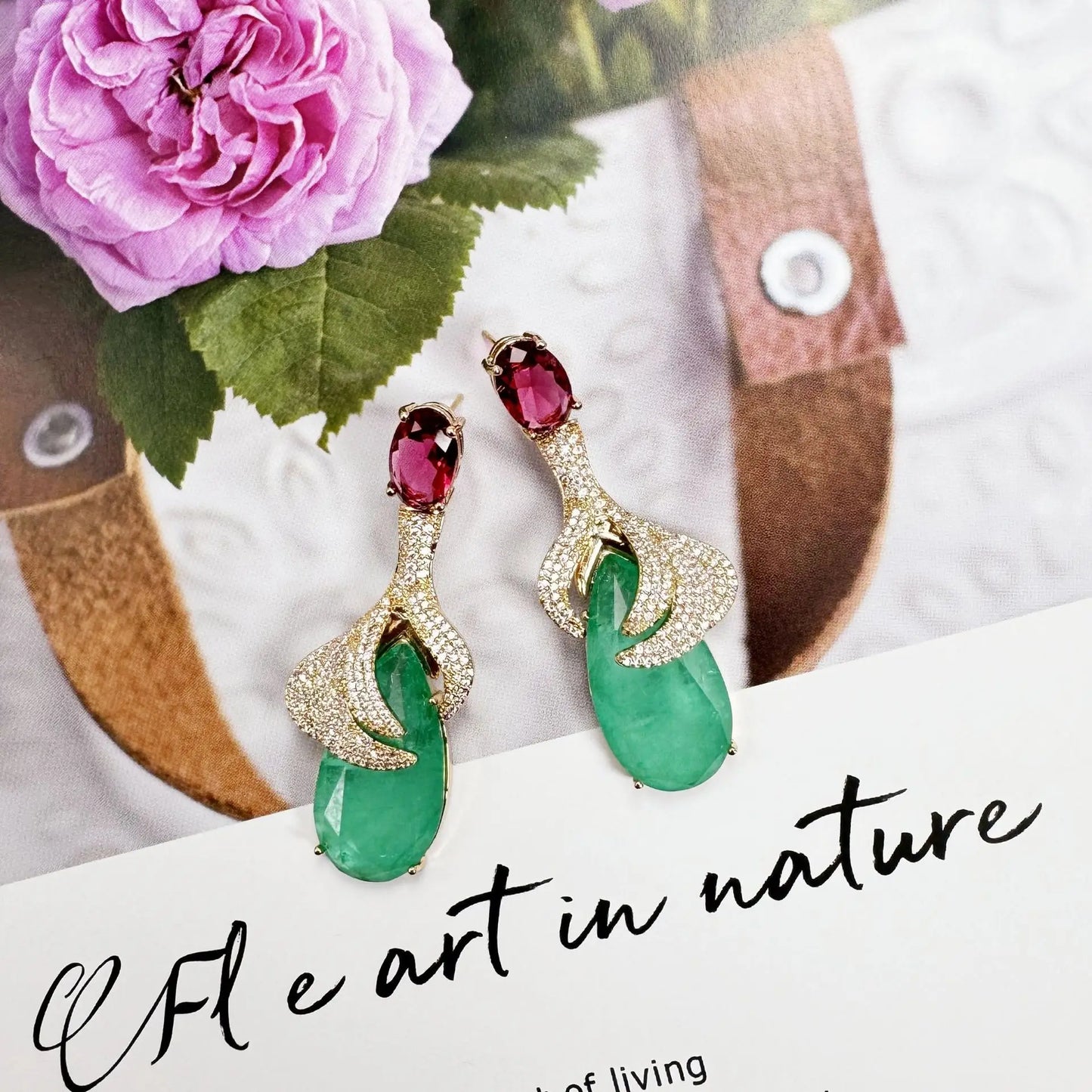 Bilincolor Three Dimensional Zircon Flower Leaf Earrings For Women