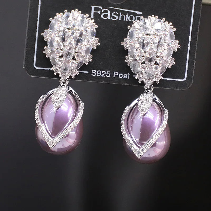 Bilincolor Luxury Zircon Drop Pearl Earrings  for Wedding or Party