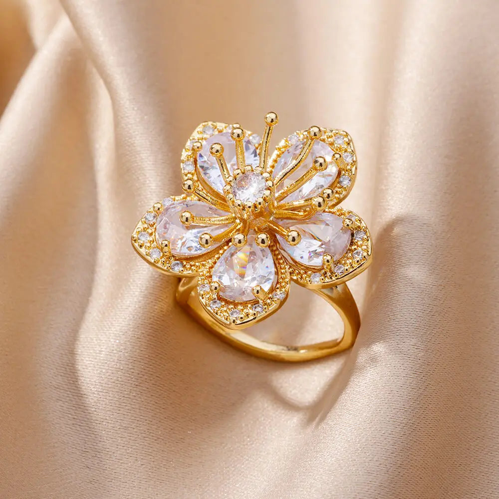 Pink Zircon Flower Rings for Women Gold Color Stainless Steel Ring 2024 Trend Elegant Floral Luxury Aesthetic Jewelry anillos