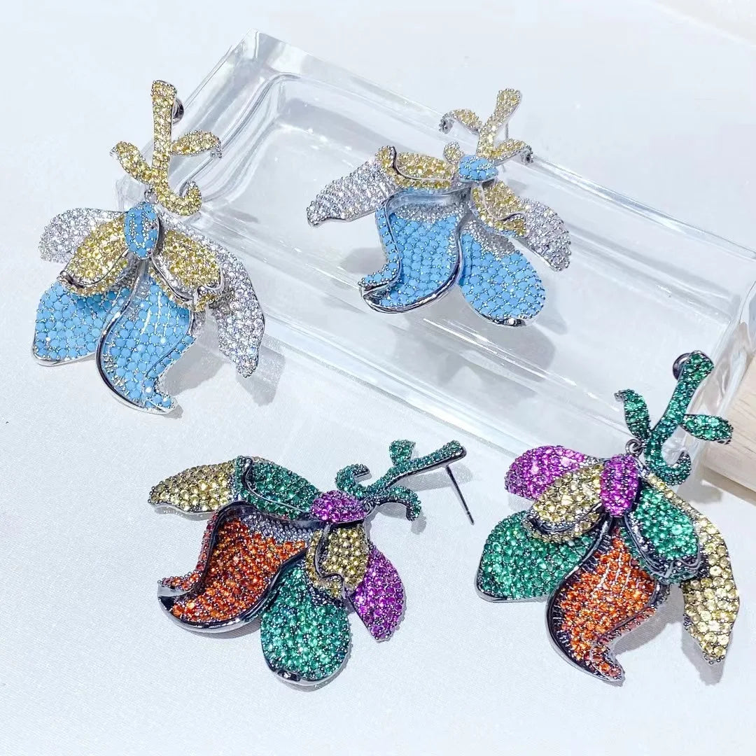 Bilincolor New Plant Flower Colored Zircon Petal Earrings for Women