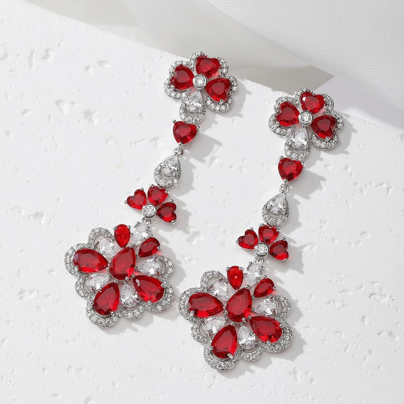 Bilincolor Light Luxury Red Blue Zircon Flower  Earrings for Women