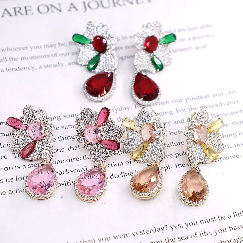 Bilincolor Micro Set Zircon Flower Transparent Water Drop Earrings for Women