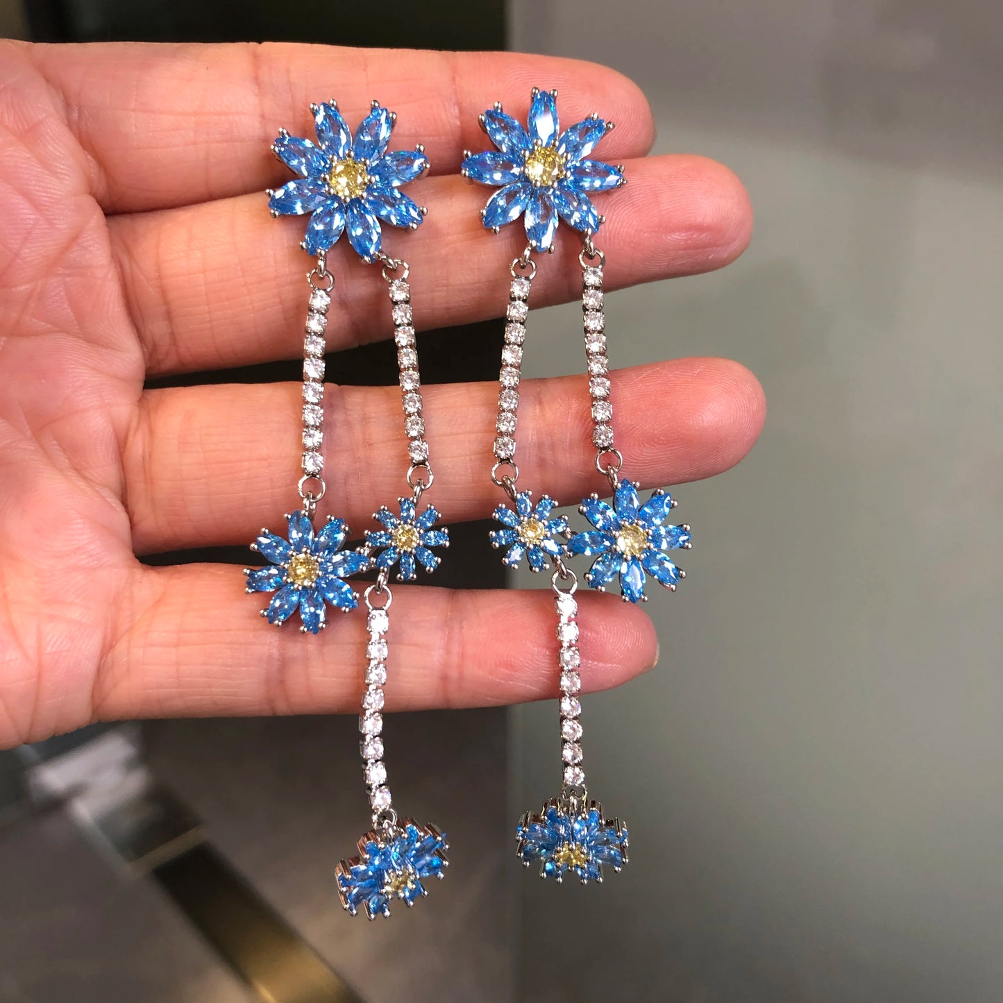 Bilincolor New Luxury Multi-layer Long Blue Zircon Flower Daisy Earrings for Gift