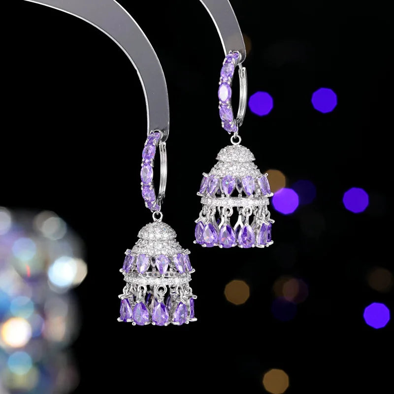 Bilincolor Luxury Heavy Industry Palace Zircon Inlaid Water Drop Tassel 3D Wind Chime Earrings for Women