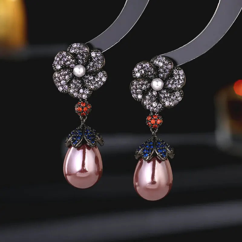 Bilincolor Light Luxury  icro-set Process Zircon Flower Water Drop Pearl Earrings for Women