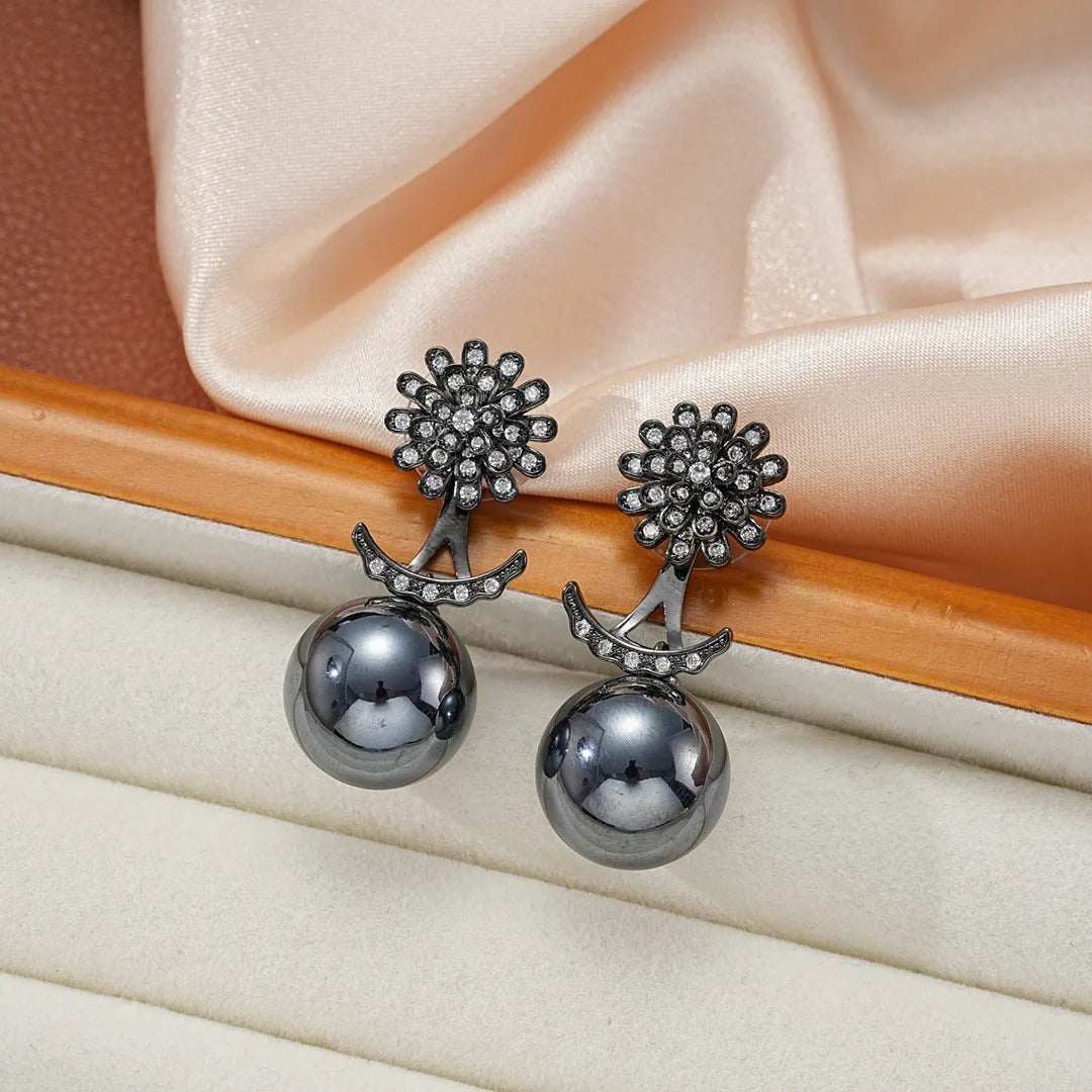 Bilincolor Light Luxury Micro-inlaid Zircon Flower Double-wear Pearl Earrings For Women