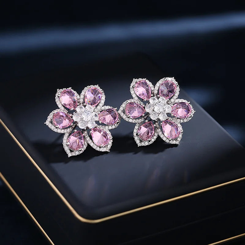 Bilincolor Luxury Zircon Six Petal Flower Earrings for   Wedding or Party