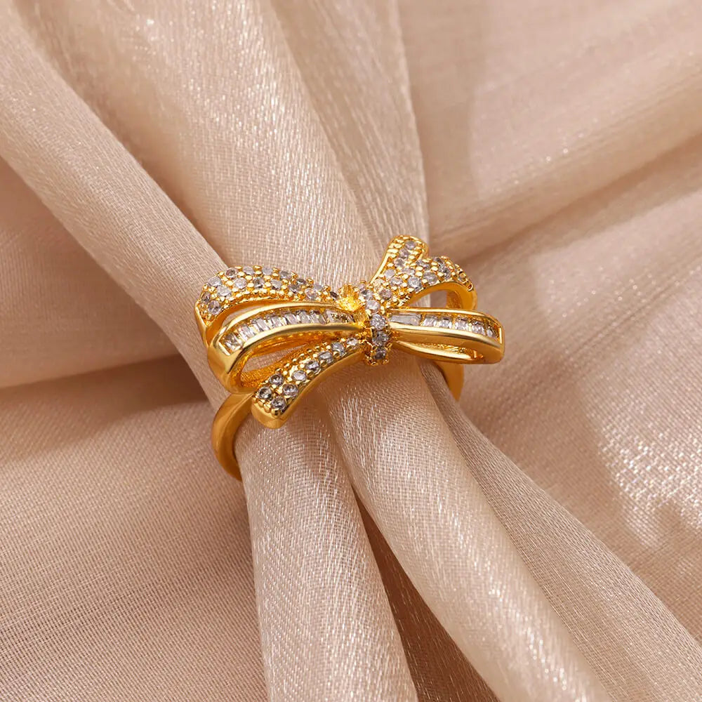 Zircon Bow Knot Rings for Women Opening Gold Color Stainless Steel Ring Retro Bling Couple Band Aesthetic Jewelry anillos mujer