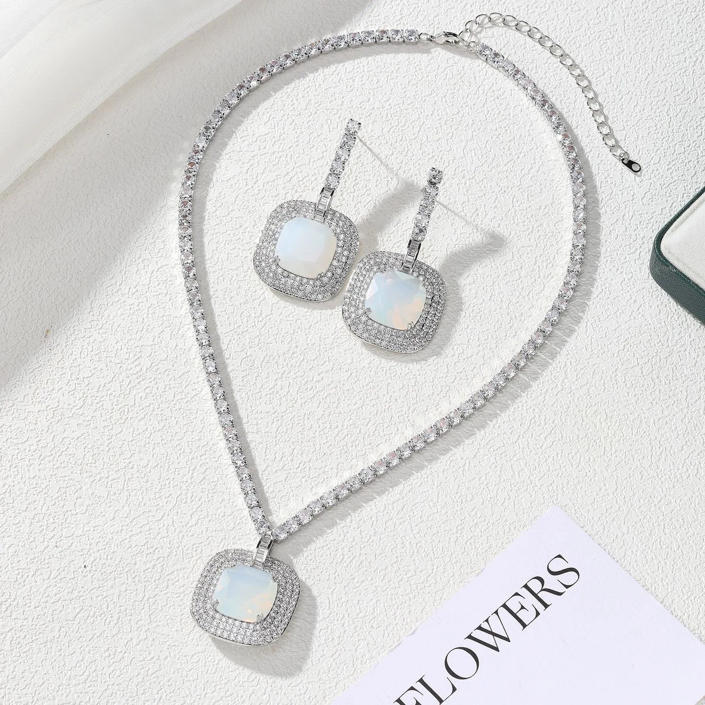 Bilincolor Light Luxury Square Jelly Zircon Pendant Necklace Earrings for Women