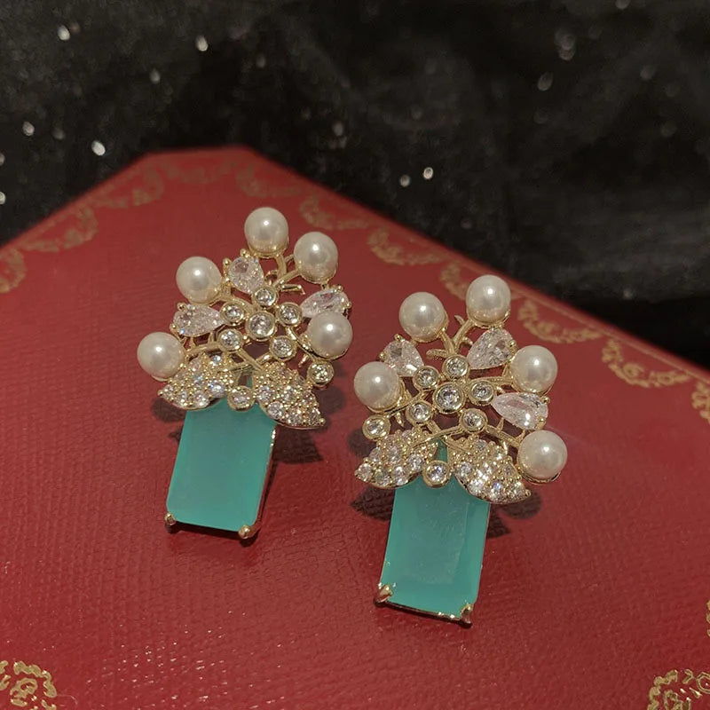 Bilincolor Light Luxury Hollow  Frosted Green Flower Pearl Earrings  for Wedding or Party