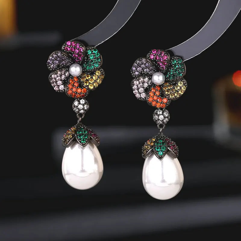 Bilincolor Light Luxury  icro-set Process Zircon Flower Water Drop Pearl Earrings for Women