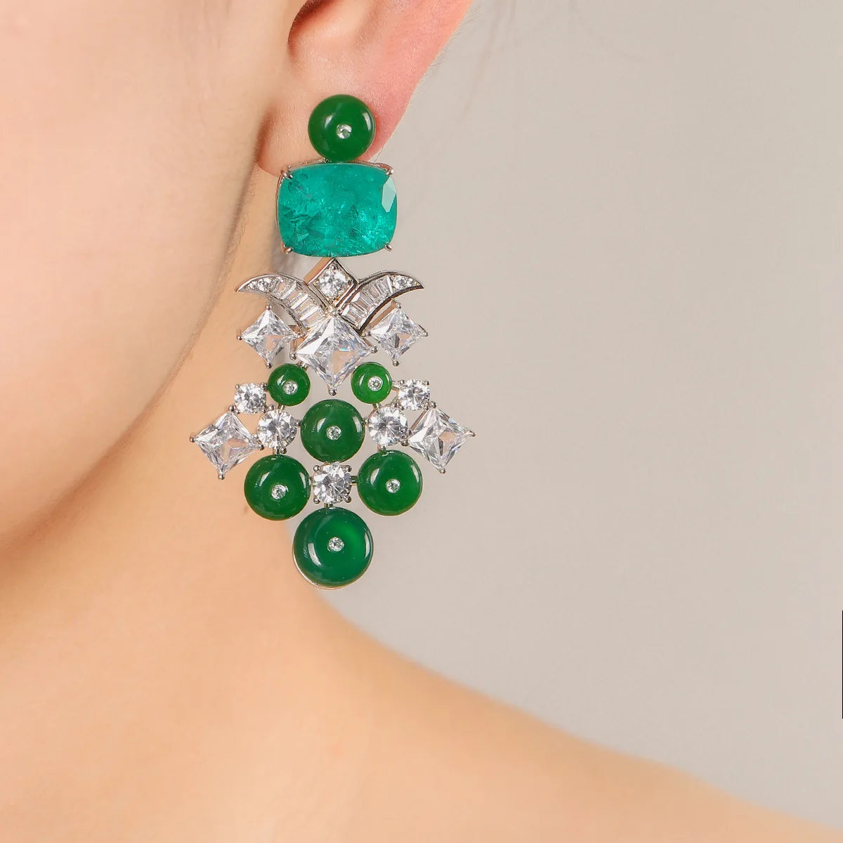 Bilincolor Green Jade Floral Shaped Earrings for Women